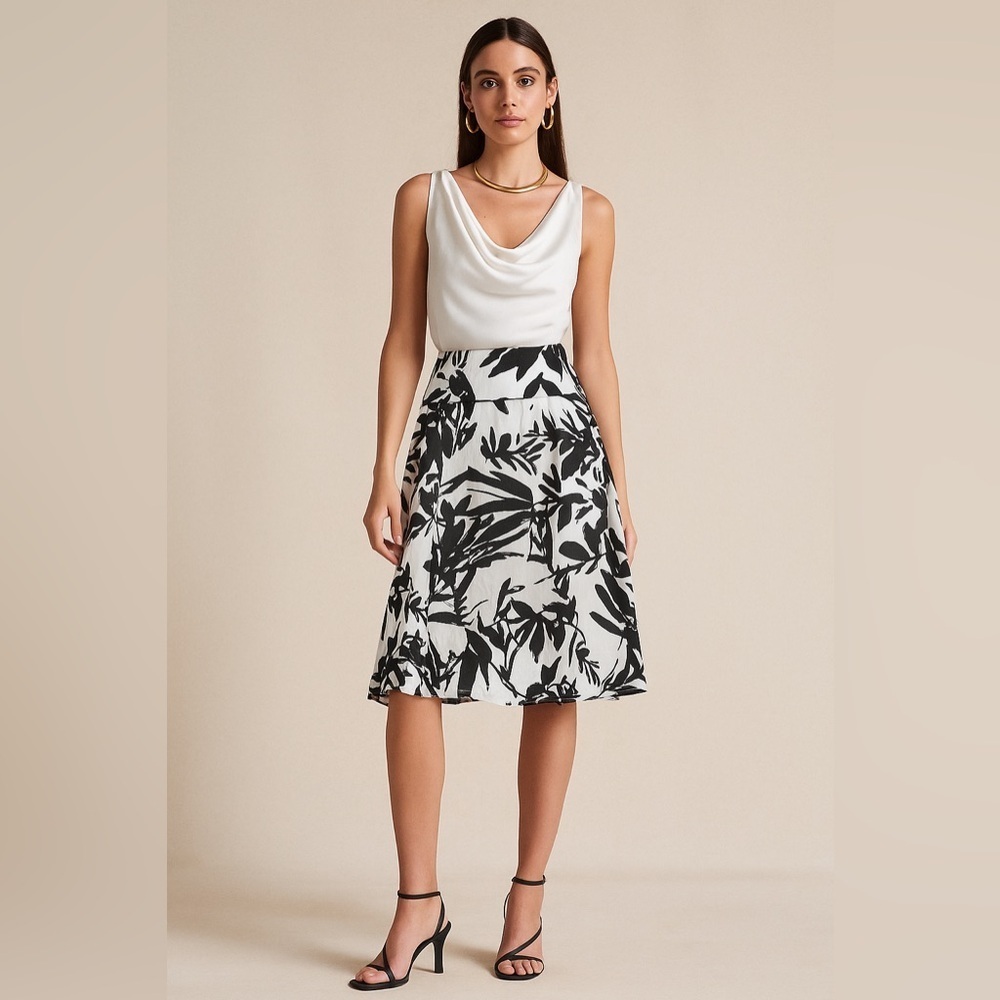 NWT Vintage Deadstock Le Chateau Cotton Black & White Leaf Print Skirt Size S‍